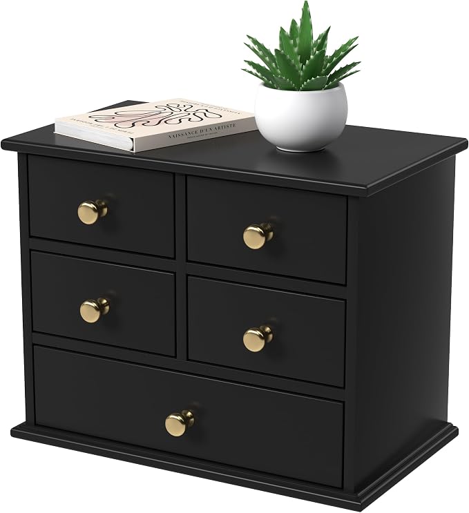Oak Desk Organizer with Drawers, Durable Wooden Desktop Storage Box with Metal Handles & Non-Slip Silicone Pads, 5 Drawer Tabletop Organizer for Office, Bedroom, Bathroom, Vanity, and Makeup – Black