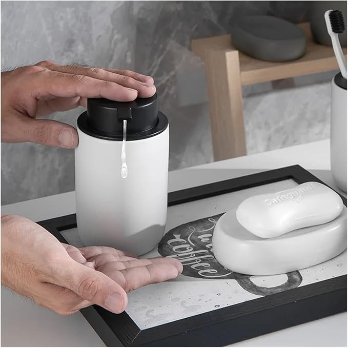 4pcs Modern Ceramic Bathroom Set Bath Lotion Bottle Press Hand Sanitizer Mouthwash Cup Toothbrush Holder Soap Dish(Black)
