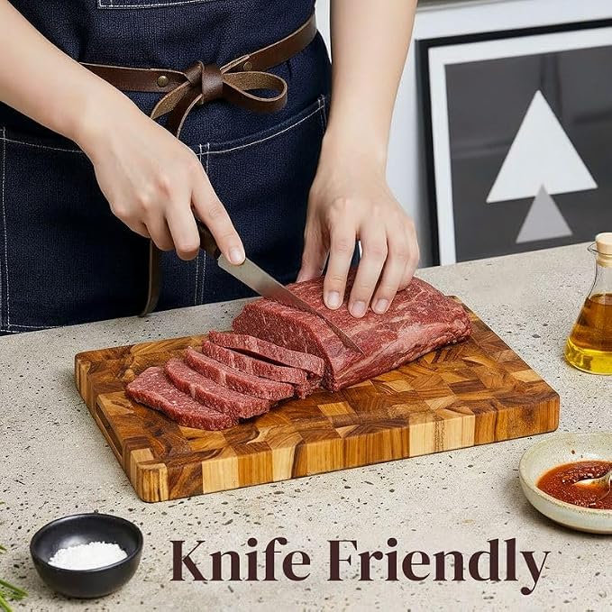 Premium End Grain Teak Cutting Board 12" x 8" x 1" with Handle & Juice Groove, Medium Thick Solid Non-toxic Wood Butcher Block for Meat, Fruit, Cheese & Kitchen Prep by New M Way