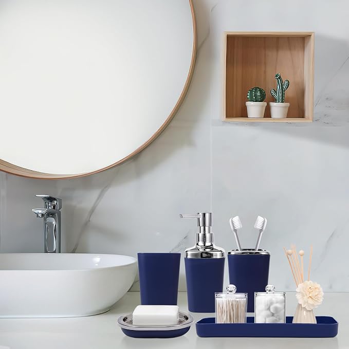 XLHOMO Bathroom Set, 9PC Bathroom Accessory Set, Blue Bathroom Accessories, Blue Bathroom Set, Trash Can, Soap Dispenser for Home Decor