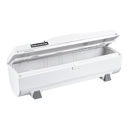 Restaurantware-Chef 101 Food Wrap Dispenser with Cutter, 1 Refillable Cling Wrap Dispenser - Fits 12” to 18” x 2000’ Rolls, Press Down and Cut, White Plastic Aluminum Foil, Sharp Blade