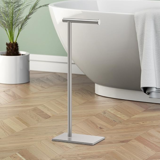Gatco 1431SN Bathroom Toilet Paper Holder Stand, Freestanding Tissue Roll Holder, Weighted Base, Satin Nickel, 22.25 Inch, Modern Rectangle Base