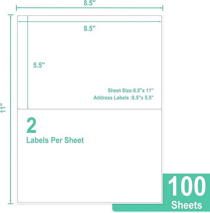 L LIKED 200 Half Sheet Shipping Labels, 2 per Sheet, 200 Labels, 5.5 x 8.5 inch, for Laser & Inkjet Printing (100 Sheets)