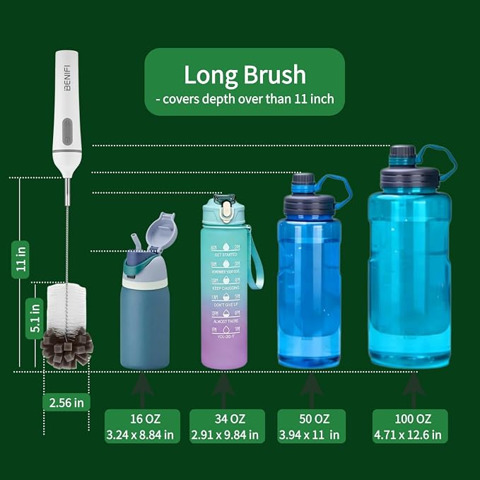 Electric Bottle Brush Cleaner, Fully Waterproof 11.8" Deep Reach Bottle Brush with 6 Brush Heads & Storage Stand, Rechargeable Bottle Cleaner for Water Bottles, Wine Decanters, Glass Pitcher & Straws
