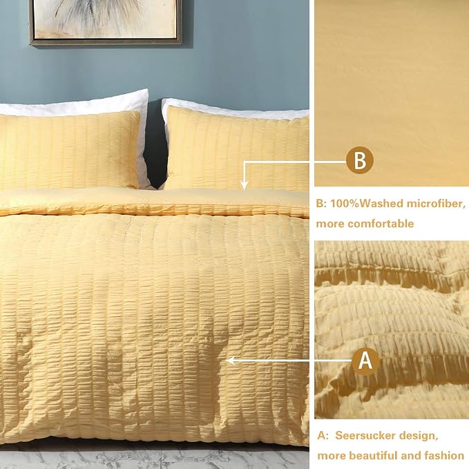 AveLom Yellow Duvet Cover King (104 x 90 inches), 3 Pieces (1 Duvet Cover + 2 Pillow Cases), Seersucker Textured Ultra Soft Washed Microfiber, Textured Duvet Cover with Zipper Closure, Corner Ties