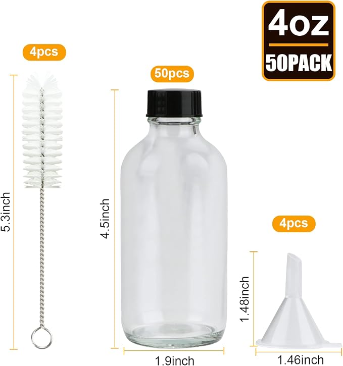 Small Clear Glass Bottles with Lids, 4 oz Glass Containers with Labels, Funnels and Brushes, Round Sample Bottles for Juice, Oils, Ginger Shots, Whiskey, Liquids, 50 Pack