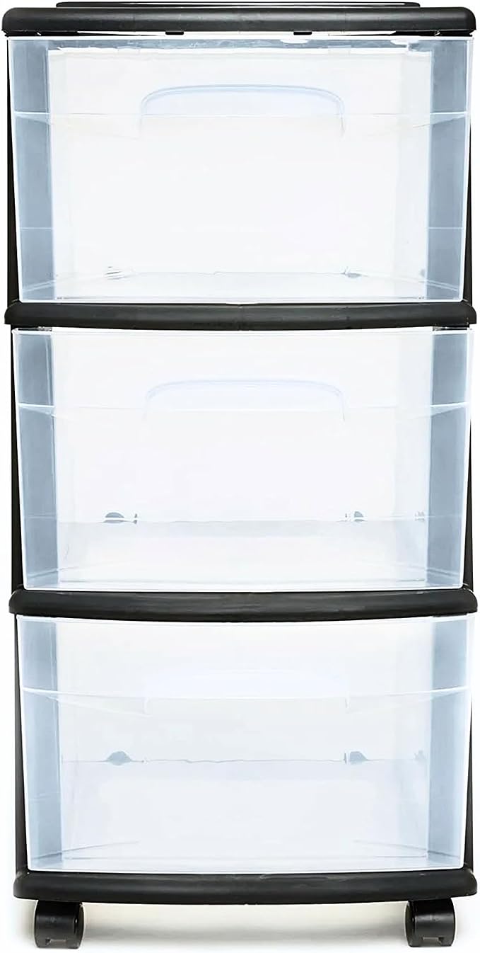 HOMZ Drawer Tower, 3-Tier Clear Plastic Storage Organizer Cart, Black Frame – Organizing Containers with Wheels for Home, Bathroom, Bedroom, Office, and Classroom