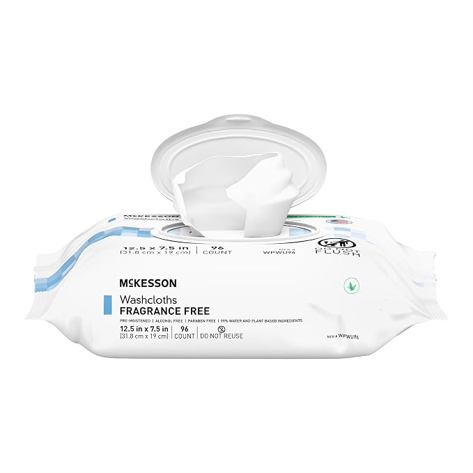 McKesson Washcloth Wipes, Unscented - Disposable Wet Wipes for Adults - Fragrance-Free, Alcohol-Free - No-Rinse Formula - Snap Lid Soft Pack, 96 Count, 3 Packs, 288 Total