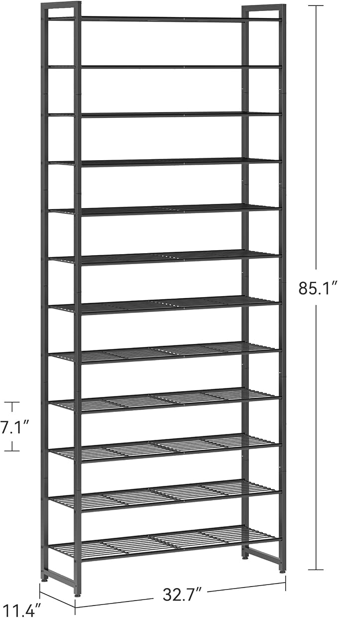 Nunsino Shoe Rack for Closet, Metal Shoe Organizer,12 Tier Garage Shoe Rack Max Holds 60 Pairs,Shoe Storage Shelf,Entryway, Black
