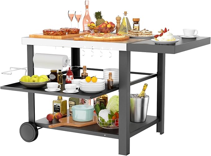 Outdoor Kitchen Island Cart with Side Table | 3-shelf movable prep station for Ninja Woodfire, Blackstone griddles and pizza ovens
