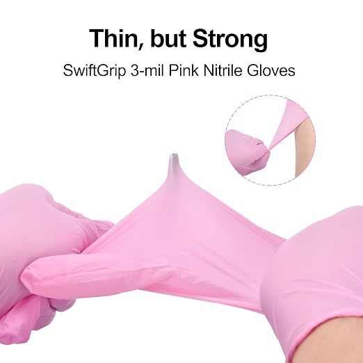 SwiftGrip Pink Nitrile Gloves, 3-mil, Industrial Gloves Disposable Latex Free, for Cleaning & Esthetician, Rubber Powder-Free, 100-ct Box (X-Large)
