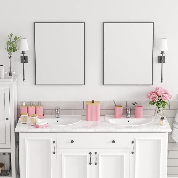 Bathroom Accessory Set - Pink Bathroom Set, 12PC Bathroom Accessories Set, Pink Bathroom Accessories Set, Mini Trash Can, Toilet Brush, Trash Can & Soap Dispenser