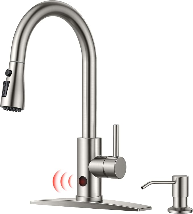 FORIOUS Touchless Kitchen Faucet with Soap Dispenser, Brushed Nickel, Hands-Free, Smart Motion Sensor Contemporary Bar Sink Faucet with Pull Down Sprayer for Farmhouse RV Camper