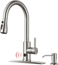 FORIOUS Touchless Kitchen Faucet with Soap Dispenser, Brushed Nickel, Hands-Free, Smart Motion Sensor Contemporary Bar Sink Faucet with Pull Down Sprayer for Farmhouse RV Camper