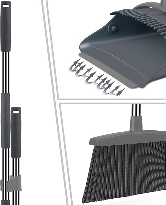 Ivandar Broom and Dustpan Set, Dust pan with Long Handle, Broom with Dustpan Combo Set, Broom and Dustpan for Home, Indoor or Outdoor Cleaning Tool (Deep Gray&Light Gray)