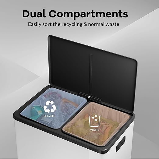 GarveeHome 16 Gallon Dual Compartment Trash Can, Stainless Steel Recycling Trash and Recycle Bin Combo with Step Pedal, Silent-Close Lid, Odor Control & Pet-Proof Design for Kitchen, Office
