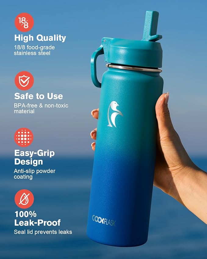 Coolflask Water Bottle 24 oz Insulated with Straw, Stainless Steel Metal 3 Lids Water Flask Wide Mouth for Sports or Office, Non-BPA Keep Cold Up to 48 Hrs or Hot Up to 24 Hrs, Indigo Blue