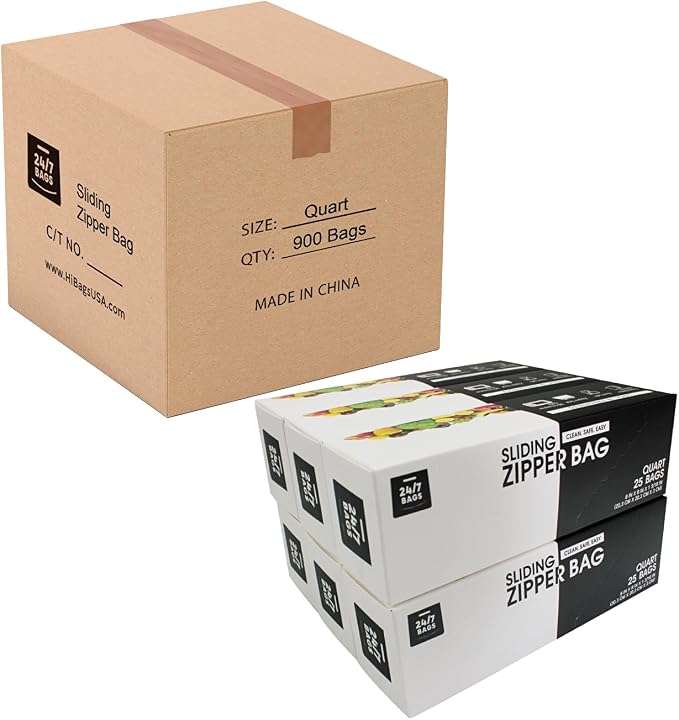 Quart Slider Storage Bags- 900 Count, Expandable Bottom, Zero BPA, Microwave Safe with Write-On Space, 36 Boxes of 25