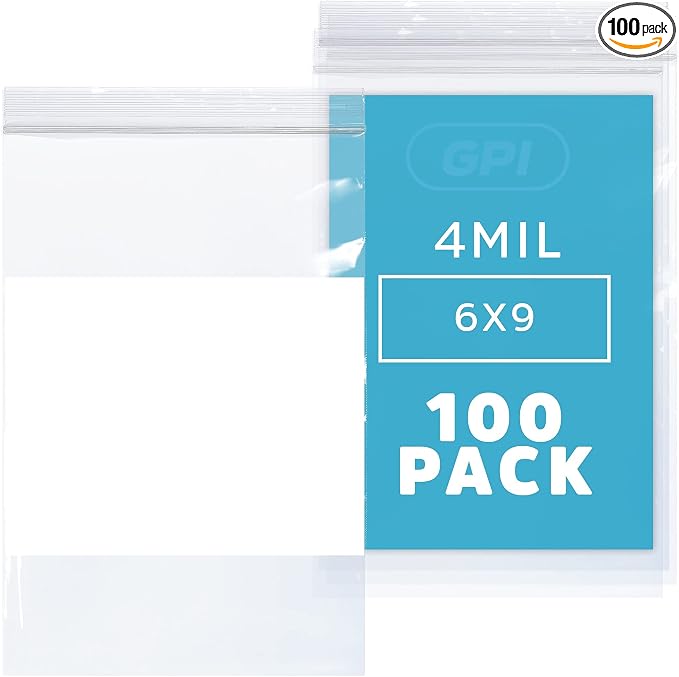GPI - 6" x 9" - Bulk Pack of 100, 4 Mil Thick, Heavy Duty, Clear Plastic Reclosable Zip Bags, With Write-on White Block for Labeling, Strong & Durable Poly Baggies With Resealable Zipper Top Lock.