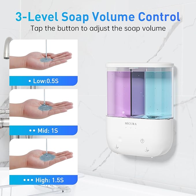 Secura Brands Touchless Wall Mounted Dual Automatic Soap Dispenser – 2 x 17 fl oz. Chambers Rechargeable Liquid Soap Dispenser Prefect for Bathroom & Kitchen (White)