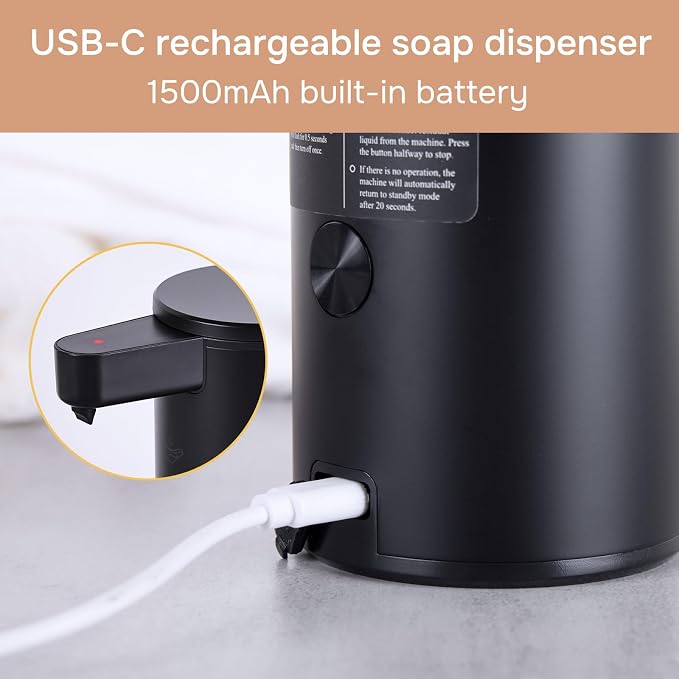 Automatic Soap Dispenser Stainless Steel with Sensor Infrared Soap Dispenser Electric IPX5 Waterproof USB-C Charging Motion Sensor for Kitchen & Bathroom Black, 9oz