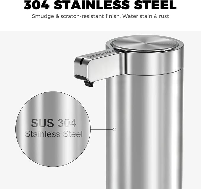 Touchless Automatic Soap Dispenser Stainless Steel with Sensor Infrared 9 oz Electric IPX5 Waterproof USB-C Charging Motion Sensor for Kitchen & Bathroom (Silver)