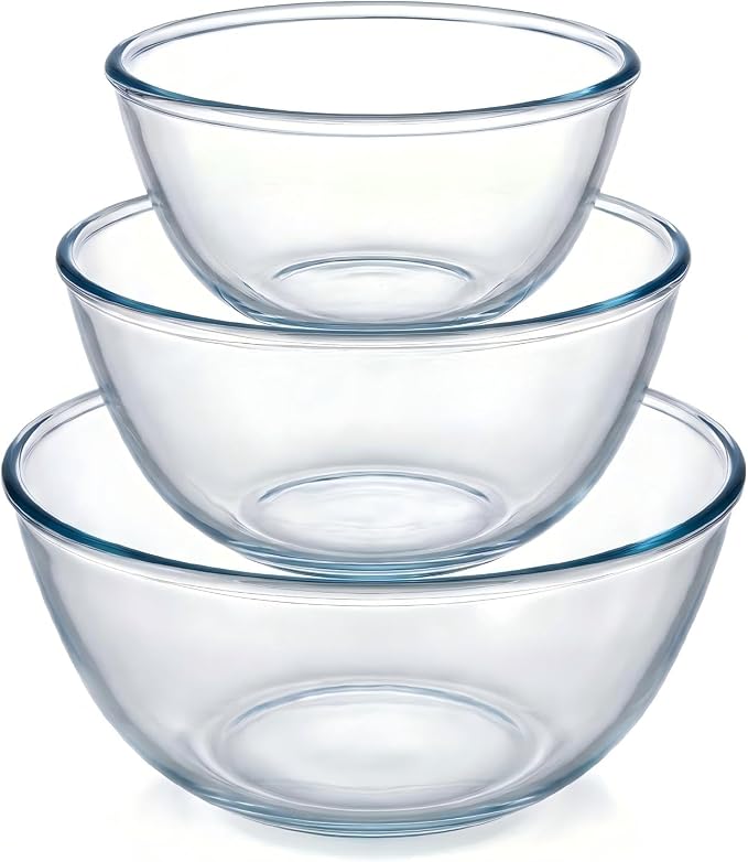 Borosilicate Glass Mixing Bowls Set of 3 (2.8, 2.2, 1.1QT) - Heavy Duty, Scratch Resistant, Non-Toxic & Lead-Free – Oven/Microwave/Dishwasher/Freezer Safe – Ideal for Meal Prep, Baking & Serving