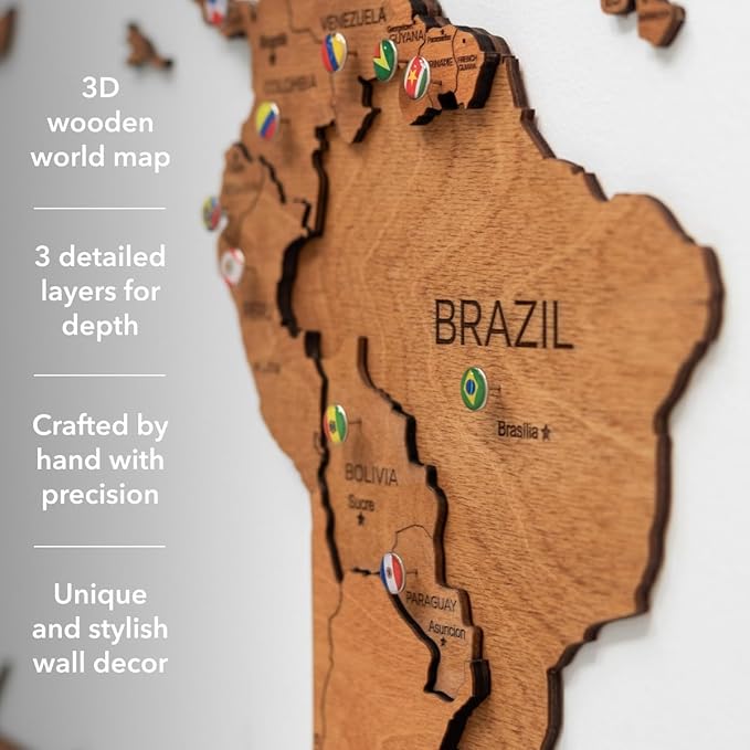 ENJOY THE WOOD 3D Wood World Map Wall Art Large Wall Décor - World Travel Map - Any Occasion Gift Idea - Wall Art for Home & Kitchen or Office (2XL, Oak)