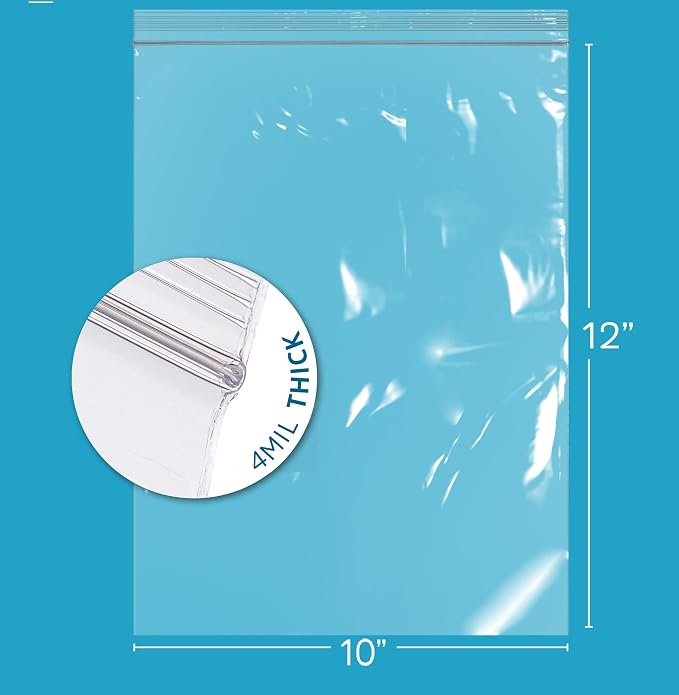 10" x 12" Heavy-duty 1 Gallon Zip Bags - 200 Count - Clear Plastic Reclosable Zipper Baggies, 4 Mil Freezer Storage Poly Bags, for Packaging Food, Tools & Sharp Objects.