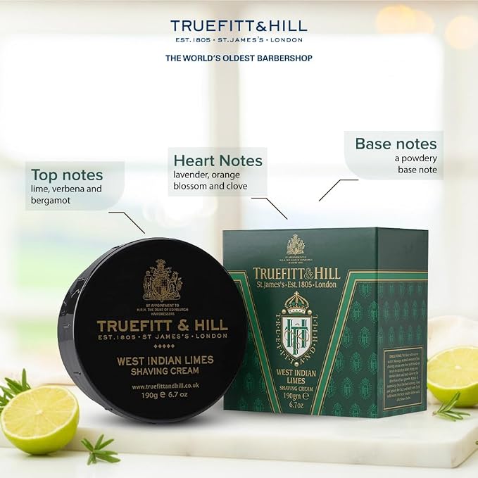Truefitt & Hill West Indian Limes Shaving Cream Bowl for Men, Refreshing and Zesty scent, 6.7 oz.