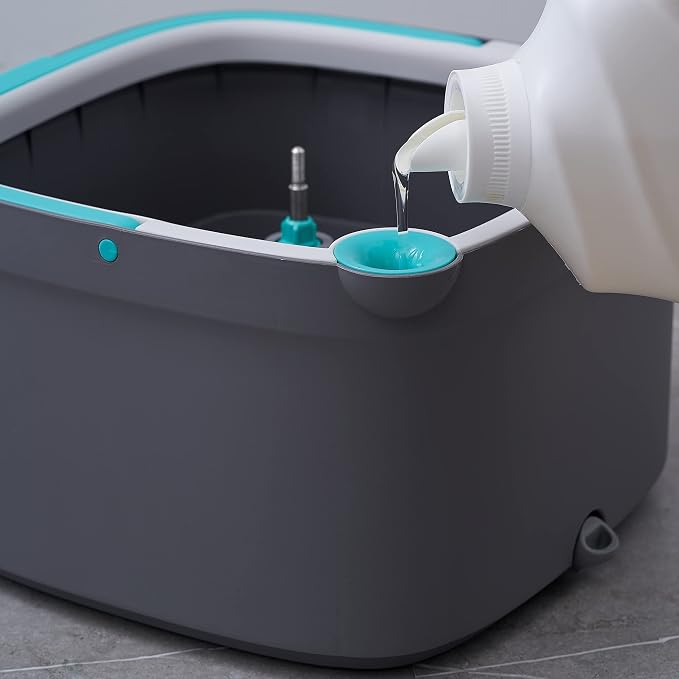 Spin Mop and Bucket with Separate Compartments for Clean and Dirty Water NEW 2025 Upgraded Version w/Side Brush and Self Standing Handle, Smart Square Mop w/ 2 Machine Washable Microfiber Pads, Gray