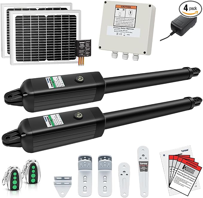 TOPENS AD5S Automatic Gate Opener Kit Medium Duty Solar Dual Gate Operator for Dual Swing Gates Up to 16 Feet or Max 550 Pounds Gate Motor Solar Panel