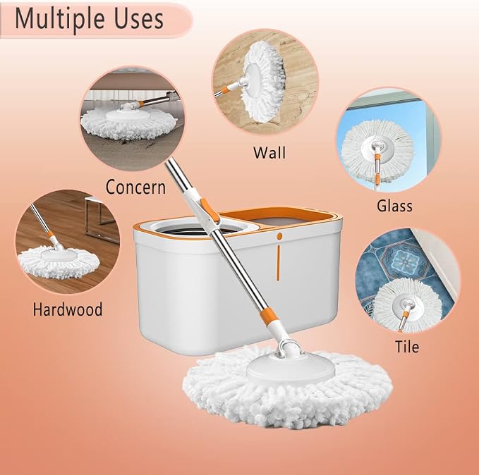 61" Spin Mop and Bucket Set,Wringer System for Cleaning,with 5 Refill Heads | Hands-Free Wringing with1 Brush,Stainless Steel Handle,Suitable for Tile Hardwood Laminate Floors,Easy Dirt Removal