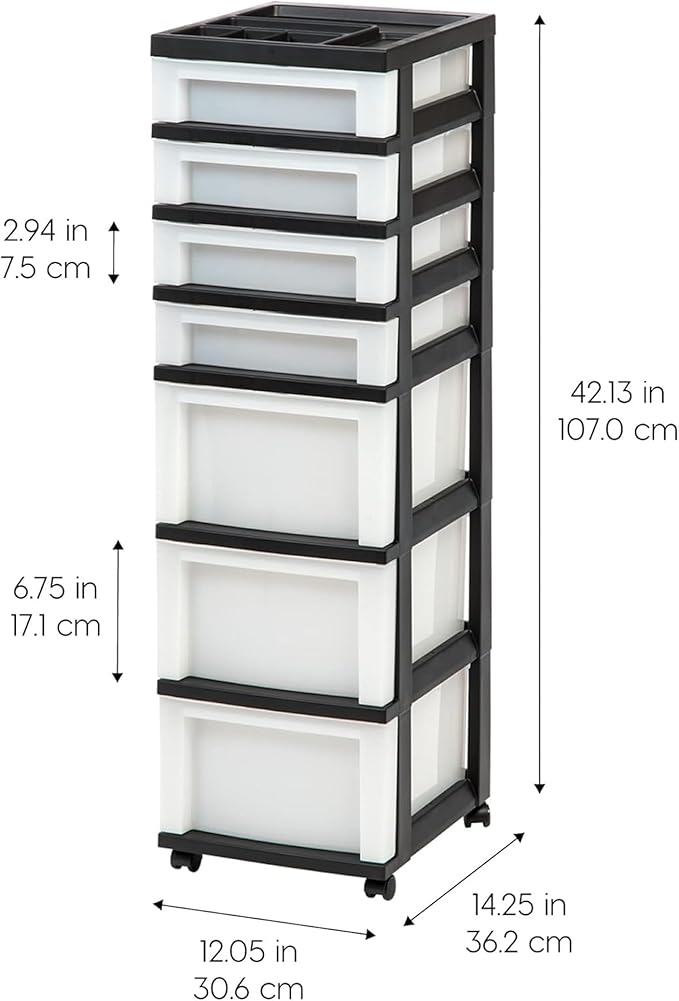 IRIS USA 2 Pack 7-Drawer Plastic Storage Rolling Organizer Cart with Caster Wheels for Laundry Room, Bathroom, or Closet Dresser Storage, Black/Clear