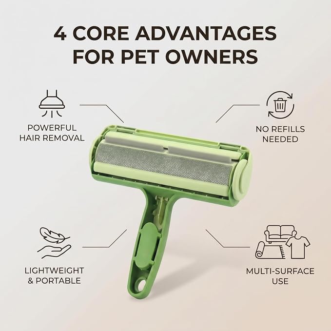 Pet Hair Remover Roller for Cats and Dogs, Reusable Fur Cleaner for Sofa, Couch, Carpet, Clothes and Bedding, Self-Cleaning Lint Roller Tool for Furniture and Home Cleaning - Green