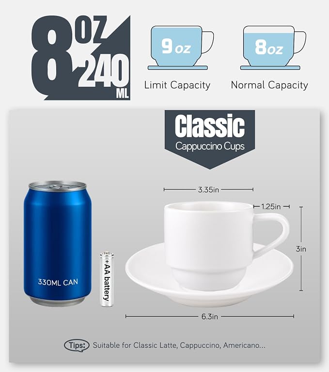 Lareina 8 Ounce Porcelain Cappuccino Cups Set of 4, Stackable Coffee Cups with Saucers, Spoons and Metal Stand -for Specialty Coffee Drinks, Cappuccino, Latte, Americano and Tea, White