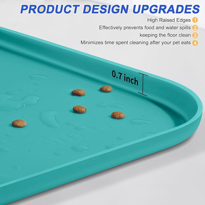 SMILOOL Waterproof Silicone Pet Food Mat with Raised Edge for Dog & Cat | 19" x 12" Non-Slip Pet Feeding Mats with Lip for Food & Water Bowl, Food Grade, Easy Cleaning, Dark Turquoise