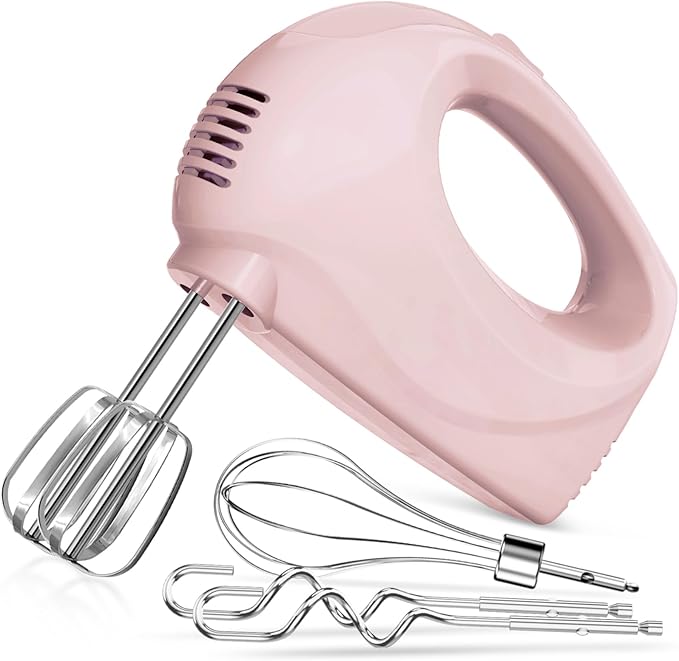 Handmixer Electric Handheld - 5 Speed Portable Kitchen Mixer Electric with 5 Stainless Steel Accessories Whisk, Food Beater for Whipping Mixing Cookies(Pink)