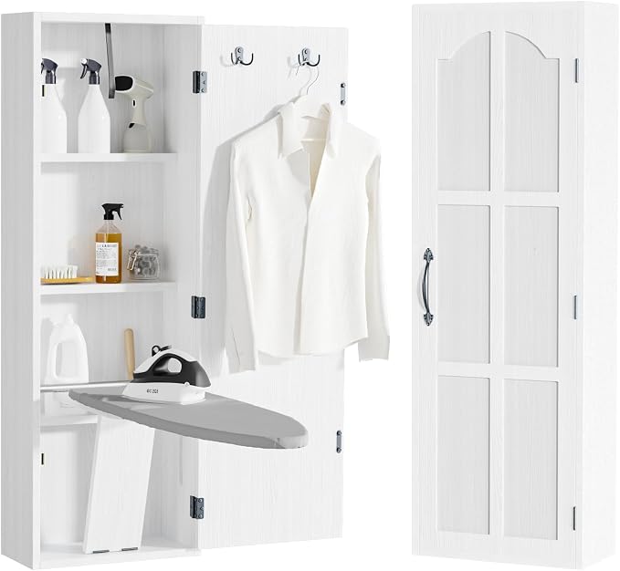 Wall Mounted Ironing Board Cabinet with Storage & 180° Swivel, Folding Ironing Board Cabinet with Heat-Resistant Cover Pad for Laundry Room, Apartment, Small Spaces, Space-Saving, White