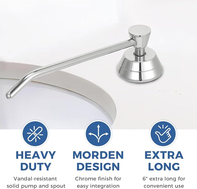 Stardrix Heavy Duty Brass Countertop Liquid Soap Dispenser, Commercial Grade Top Fill Built-in Soap Dispenser with 34 oz/ 1L Bottle for Bathroom, Kitchen, Public Restroom, Chrome Finish, 6” Spout