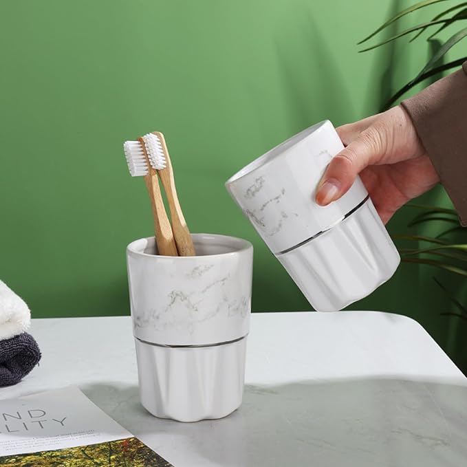 Soap Dispenser Set White, Set of 5 Bathroom Accessories, with 2 Toothbrush Cups, Soap Dish, Toothbrush Cup, Ceramic Soap Dispenser, for Bathrooms, Apartments, Dormitories,Marble White