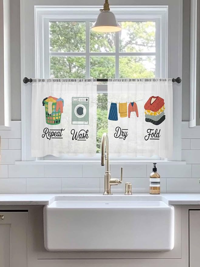 Laundry Voile Sheer Curtain 45 Inch, Rod Pocket White Sheer Window Curtain Panels, Laundry Room Short Semi-Sheer Tulle Drape Chiffon Fabric for Laundry Room Bedroom Living Room, Wash Dry Fold Repeat