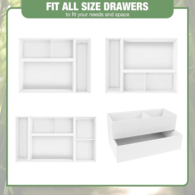 Bamboo Drawer Organizer,5 PCS White Bathroom Tray&Desk Organizers and Storage,Cabinet Divider With Removable Silverware Organization for Kitchen,Utensils,Junk,Office,Makeup