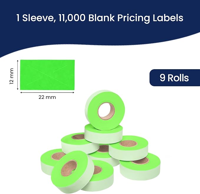 Perco Fluorescent Green Price Marking Labels - 11,000 Blank Labels for Garvey Contact 22-6/22-7/22-8 Price Gun with Ink Roll Included - 9 Rolls, 1 Sleeve - Made in USA