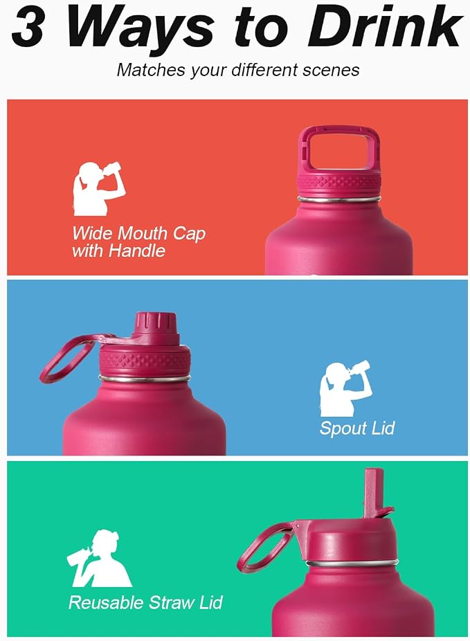 Half Gallon Water Bottle Insulated with Straw & 3 Lids, Coolflask 64 oz Water Jug Large Metal Stainless Steel Wide Mouth for Sports, Gym or Office, Non-BPA Keep Cold 48H Hot 24H, Ombre Wine/Navy
