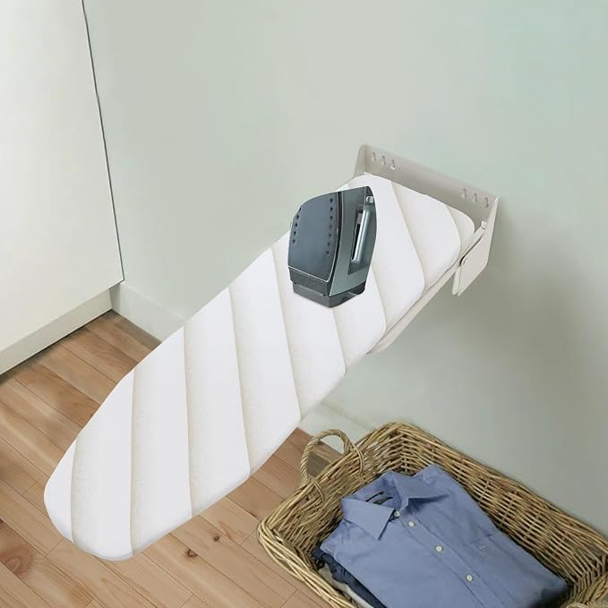 Wall Mounted Ironing Board Folding Ironing Board Wall Mount Hidden Space Saving 180 Fold Away Ironing Boardwith Heat Resistant Cover for Home Laundry Room Dorm, 37.40"x11.81", White