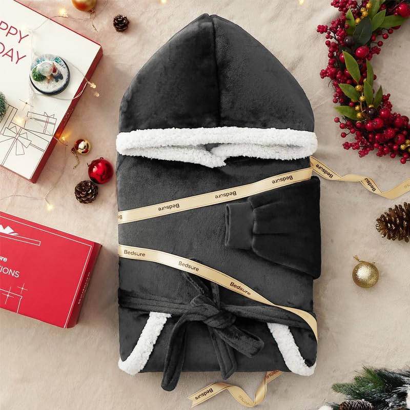 Bedsure Wearable Blanket Hoodie, Long Hooded Blanket Sweatshirt as Christmas Birthday Gifts for Men, Cozy Sherpa Hoodie for Adult, Oversize, Charcoal