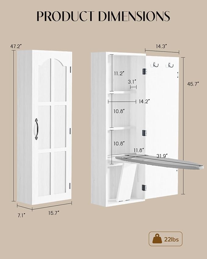 Wall Mounted Ironing Board Cabinet with Storage, White | Folding Ironing Board Cabinet with 180° Swivel Heat-Resistant Cover Pad for Laundry Room Apartment Small Space, Space-Saving
