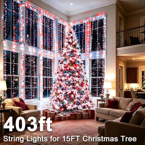 KNONEW 403ft 1000 LED Christmas String Lights Outdoor 8 Modes & Timer Fairy Light Plug in Waterproof for Xmas Yard Tree Wedding Party Holiday Decorations (Red and White)