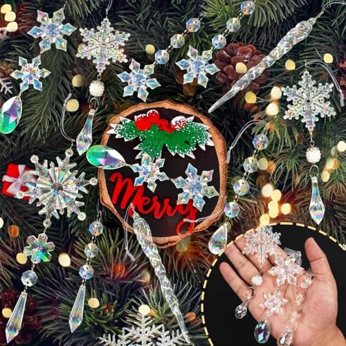Crystal Christmas Tree Ornaments, 48pcs Iridescent Acrylic Snowflake Icicle